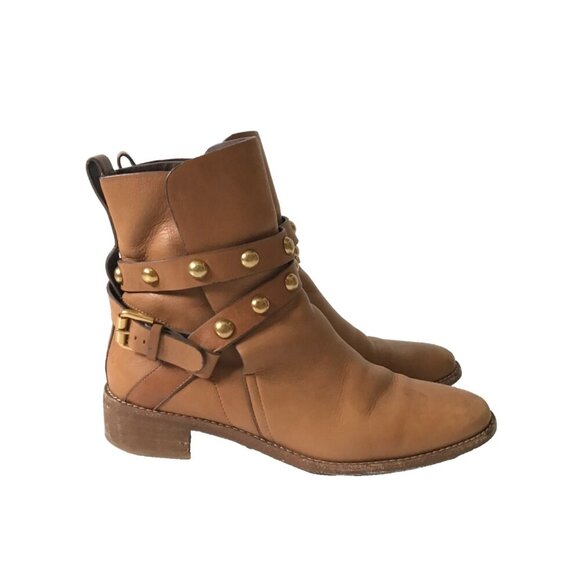 See By Chloe Shoes - See by Chloe Janis Ankle Wrap Moto Boots Womens 38 8 Camel Tan Leather Studded